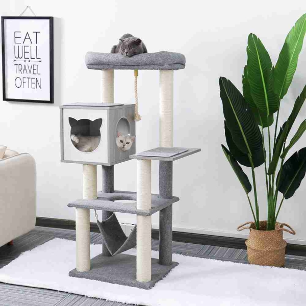 52 Inches Multi-Level Wooden Cat Tower with Hammock