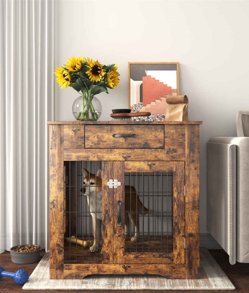 With Drawer Double Door Dog Crate